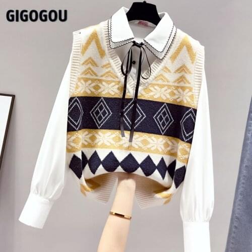 GIGOGOU Color Block Women Sweater Vest Argyle Knit Sleveless Women Pullover Top V Neck Waistcoat Femme Pull 2021