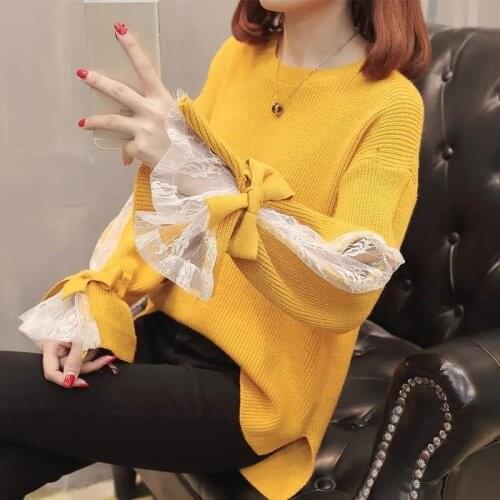 Sweaters Women Elegant Trendy Lantern Sleeve Sweet Bow Design Lace Chic Knitwear All-Match Spring Autumn Shirt Clothing