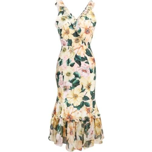 Long 2021 new summer dress camellia printed silk yellow flower lotus leaf mermaid skirt Sicily gorgeous and luxurious