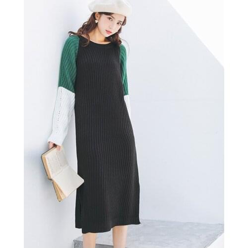 Sweater Long Dress For Women Winter Color Patchwork O-neck Long Sleeve Pullovers Split College Style Loose Vestidos 6519