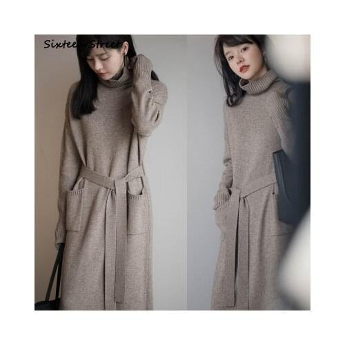 New Turtleneck Knit Cloth Woman Woolen Dress Autumn Winter Elegant Full-sleeve Korean Long Sweater Dress Female Oversized