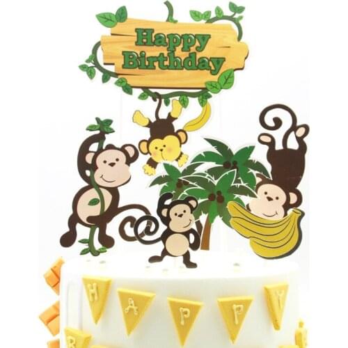 1 Set Cute Forest Monkey Tree Safari Party Cake Topper Boys Kids Favors Banana Kingdom Theme Happy Birthday Cake Decoration