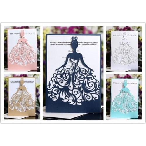 100PCS/LOT Laser Cut Wedding Party Invitation Card Bride Hollow Skirt 7 Color Available