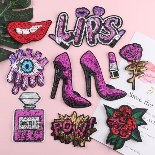 2pcs High Heel Lipstick Bag Sequin Embroidered Patch Appliques Motif Patches For Clothing Jacket T-shirt Fabric Patchwork Badge