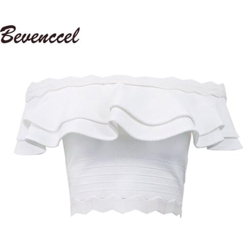 2020 New Arrival Bodycon Women Bandage Tops Slash Neck Ruffle Jacquard Celebrity Party Crop Top
