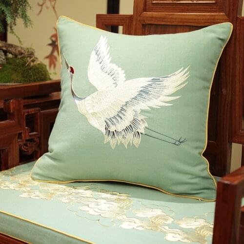 DUNXDECO Cushion Cover Sofa Chair Decorative Pillow Case Chinese Style Flying Crane Elegant Embroidery Linen Cotton Home Textile