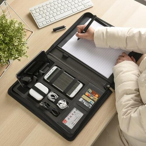 Executive Zippered Business PU Padfolio Portfolio Conference Folder with Document Sleeve Adjustable Phone Stand Writing Pad