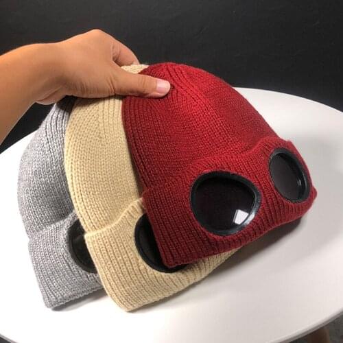 Double-use Thickened Winter Knitted Hat Warm Beanies Skullies Ski Cap with Removable Glasses for Men Women