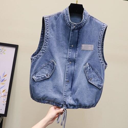 Women Spring Autumn Denim Vest Outwear Plus Size Female Loose Jean Waistcoat Ladies Blue Sleeveless Jackets Large Big Size Woman