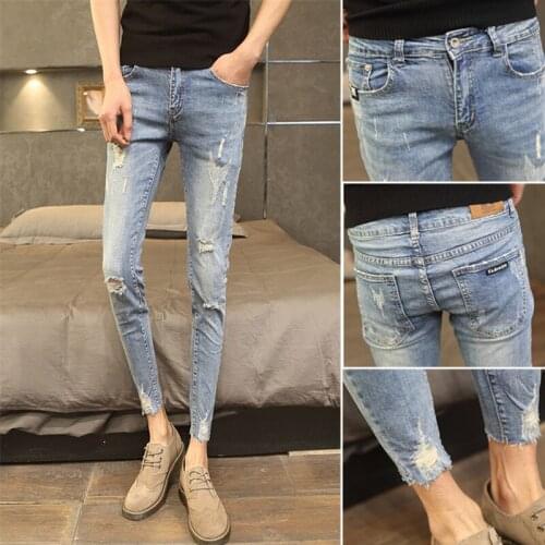 Hot 2020 Spring Autumn ripped Cowboy ankle length Jeans Men tassel teenagers Slim Hair Stylist Elastic Skinny pencil Pants men