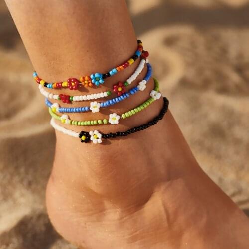KISS WIFE Korean Flowers Daisy Beads Bracelet On The Leg Colorful Beaded Handmade Eanklets For Women Jewelry Beach Accessories