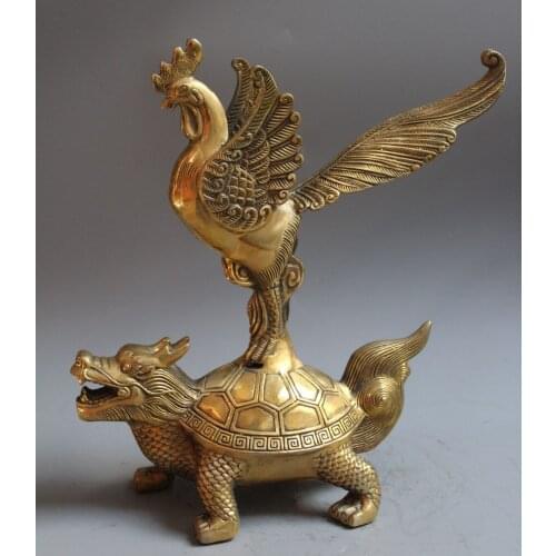 Chinese Fengshui Brass Champion Chicken And Dragon Turtle Statue