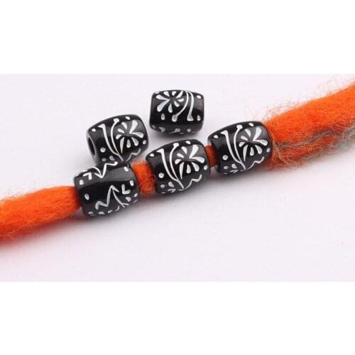 Hair Ring Style Beaded Black Print Plastic Large Hole Beads African Woven Decorative Beads Beaded Hair Jewelry for Braids