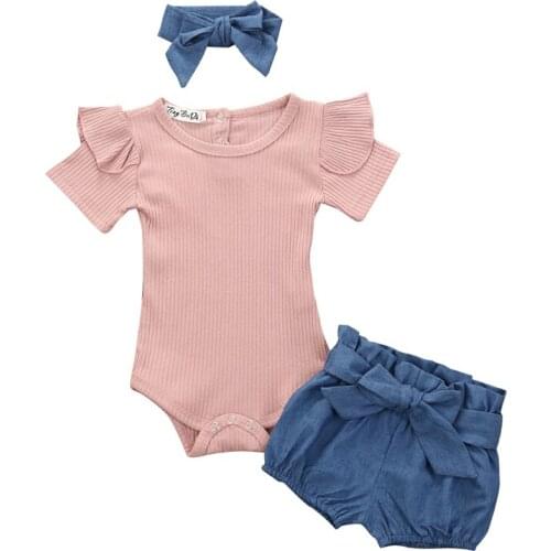 3Pcs Newborn Clothes children Set Baby Girl Clothing Short Sleeve Romper Tops+Short Pants+Headband 3Pcs Infant Kids Outfits Suit