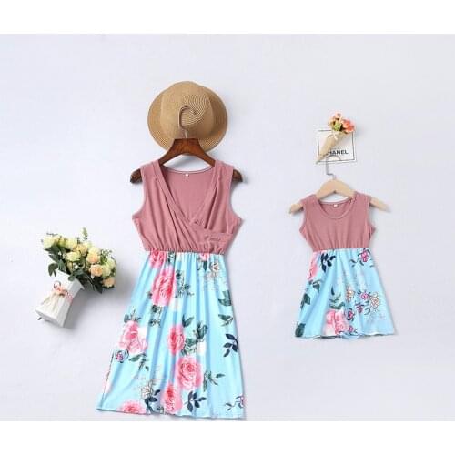 27kids Fashion Breathable Womens and Girls Dress with Flowers Pattern Cotton Summer Sleeveless Dress for Casual Skirt