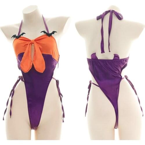 Lolita Girls Halloween High Split Sukumizu Little Devil Pumpkin Ruffle Open Chest Bikini Lingerie Set Bandage Sleepwear Panties