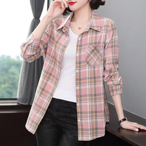 2021 New Turn-down Collar Shirt Woman Autumn Plaid Long Sleeve Shirts Oversized Woman Loose Korean Style Plus Size Women Shirts
