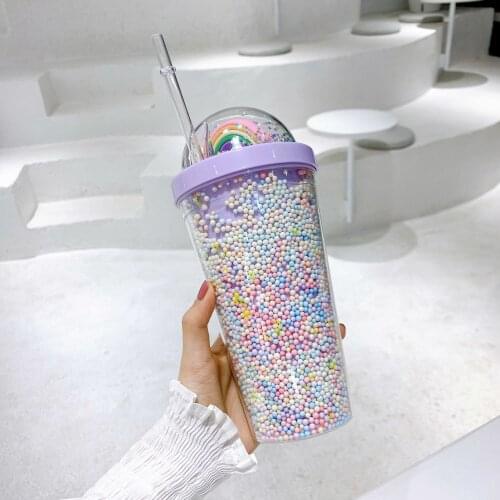 New Creative Rainbow Plastic Water Cup Fashion Large Capacity Womens Straw Cup Mori Double Layer Color Pearl Drink Cup