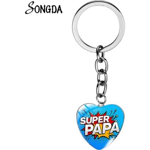 Mom Dad Heart Keychains Women I Love My Papa Cosplay Cartoon Printed Glass Cabochon Key Chain for Men Ring Fashion Jewelry Gifts