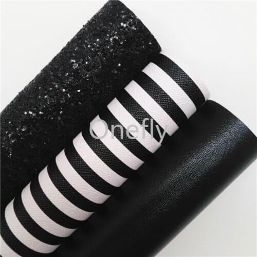 Onefly 21X29CM Black Glitter Fabric, Black and White Stripes Faux Fabric Sheets For Bow DIY handbags shoes BQ024