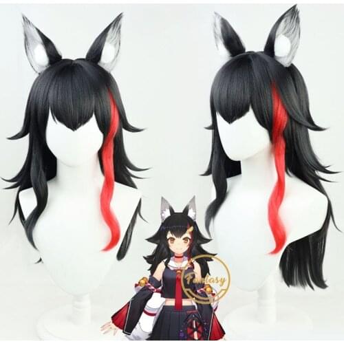 Ookami Mio Vtuber Hololive Wig Cosplay Long Black Curly Synthetic Hair Wig Halloween Party + Free Wig Cap+ Ears