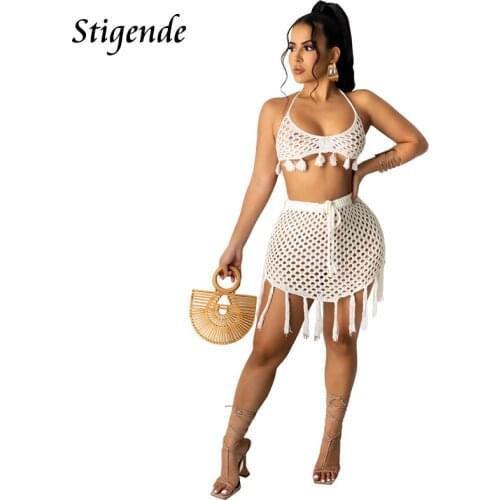 Stigende Summer Crochet Bikini Set Tassel Swimwear Women Sexy 2 Piece Knitted Beach Set See Through Hollow Out Cover Up Skirt