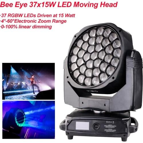 New Big Bee Eye 37x15W LED Moving Head Zoom Function DMX 512 Wash Lights RGBW 4IN1 Beam Effect Light Party Bar DJ Stage Lighting