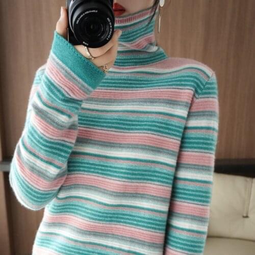 New ladies turtleneck sweater 100% pure wool striped knitted pullover long-sleeved warm bottoming shirt loose large size