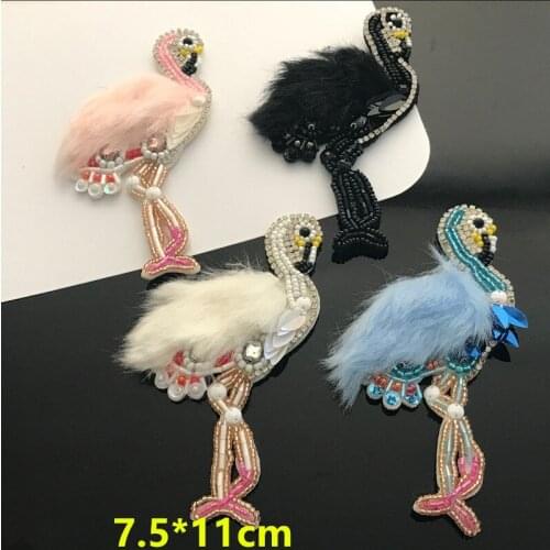 Handmade beaded 3D furry swan cloth stickers clothes bag cap DIY decorative flamingo fur patch applique crane