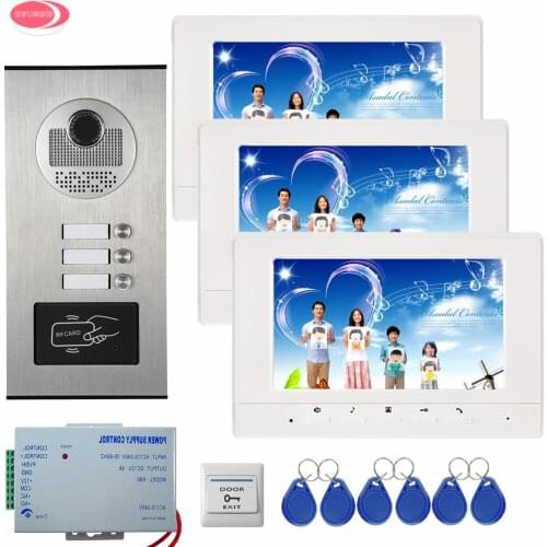 3 Apartment 7Inch Color Video Door Phone Intercom System 3 White/Black Monitor + Waterproof RFID Access Door Camera Videophone