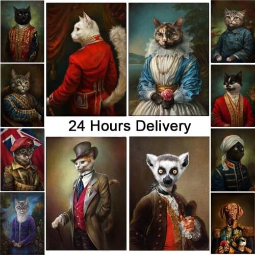 The Black Cat Wear Vintage Clothes Canvas Art Painting Palace Cat Abstract Animal Poster Wall Art Vintage Decorations for Home