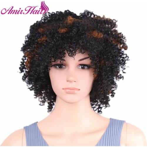 Amir Hair 8inch Kinky Curly Synthetic hair Afro Wigs with Short Ombre Brown Jerry Curl Black Wigs for Women Free shipping