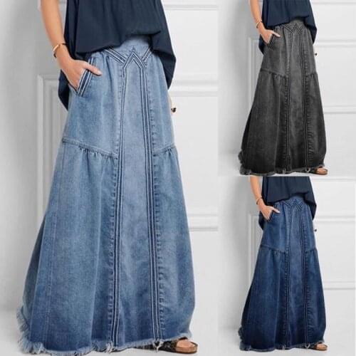 Womens Denim Skirt Mid-waist Elegant Long Skirt 2021 Fashion Brand Washed Blue Cotton Casual Denim Skirt Shopping Girls Skirt