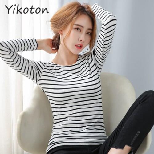 2021 Spring Autumn Women T-Shirts Long Sleeve Shirts Basic Casual Female Cotton Top Tee T Shirt O-Neck Striped Plus Size Tops