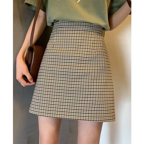 2020 new high waist thin a-line skirt temperament package hip skirt summer plaid skirt