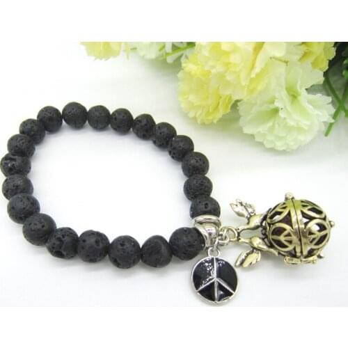 Love Peace Elements Women`s Elastic Black Lava Beads with Peace Sign Locket Charms DIY Essential Oil Diffuser Bracelets