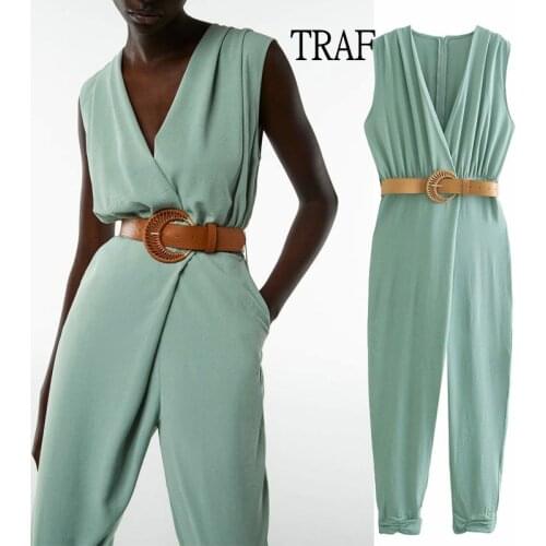 TRAF Jumpsuit Za Women 2021 Summer Fashion With Belt Sleeveless Jumpsuit Woman Elegant V neck Ruched Elastic Trousers Clothes