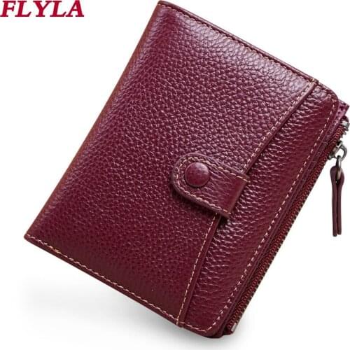 Women Zipper Wallet Short Genuine Leather Wallet Two-fold Thin Wallet Cowhide Buckle Small Coin Purse