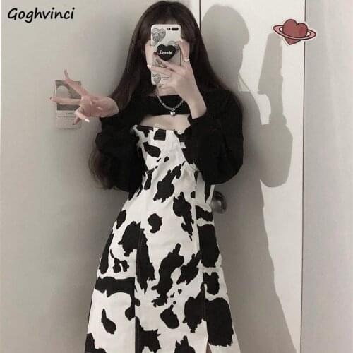 Women Sets Ins Ulzzang Streetwear 2 Pieces Lantern Sleeve Short Tops Sexy Cow Printed Suspender Mini Dress Sweet Chic Casual New