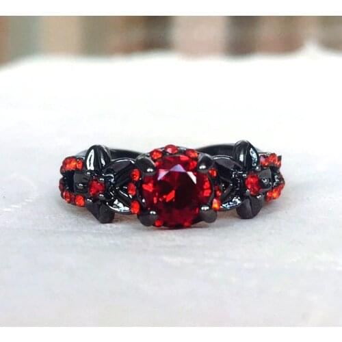 Red Garnet Flower Shiny Black Gold Filled Rings for Women Charming wedding Jewelry Promise Opal Rings Bijoux Femme party gifts