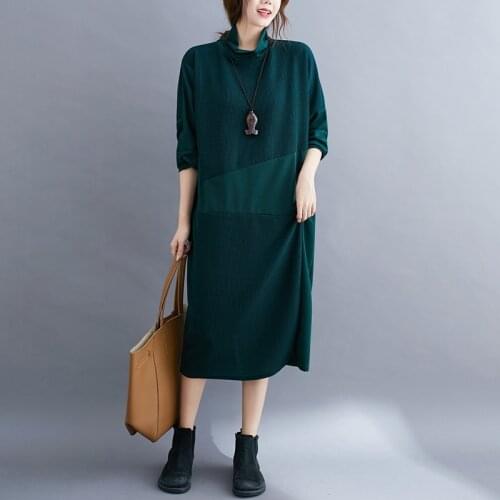 2021 New Arrival Turtleneck Knitted striped Patchwork Fashion Autumn Winter Dress Korea Style Chic Women Casual Midi Dress