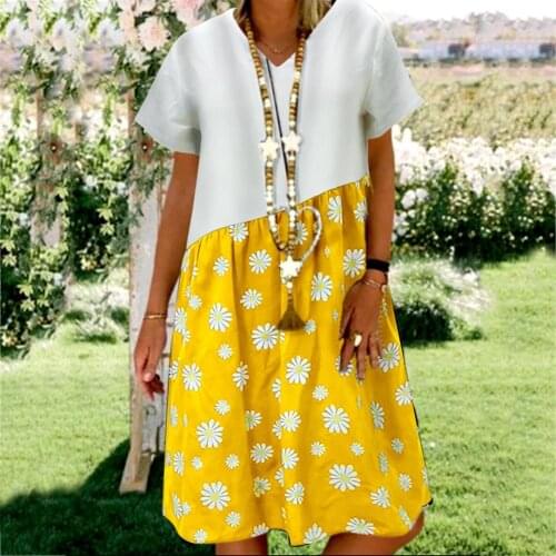 Vintage Dress Women Summer Casual Fashion Marguerite Printed Splicing V-neck Short Sleeve Women Casual Loose Plus Size Dresses