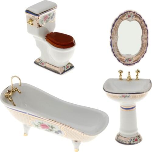 1/12 Dollhouse Mini Furniture Ceramic Bathroom Set Toilet Bathtub & Sink #3