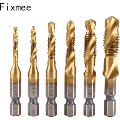 6PCS M3-M10 Screw Tap Drill Bits HSS Taps Woodworking Metric Combination Bit High Speed Steel Titanium 1/4" IN Quick Change Hex