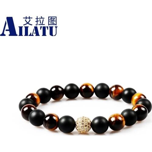 Ailatu Men' Favorite 10mm Yellow Tiger' Eye Stone&Black Matte Onyx Stone Beads with Micro Inlay White Cz Ball Bracelet