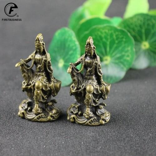 Antique Bronze Guan Yin Statue Ornament Pure Copper Buddha Figurines Miniatures Home Decoration Accessories Crafts Collections