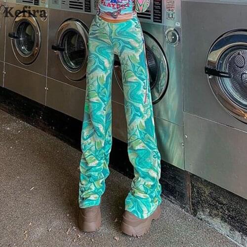 Kefira Tie Dye Print Pants Women Summer Y2K Elastic High Waist Stacked Pants Casual Vintage Pleated Wide Leg Trousers Streetwear