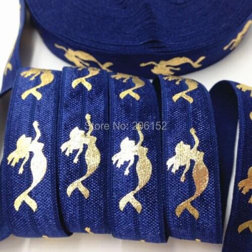 Gold Foil Mermaid Print Navy Blue Fold Over Elastic 5/8" Mermaid FOE Elastic Ribbon for DIY Headwear Hair Accessories 10Y/lot