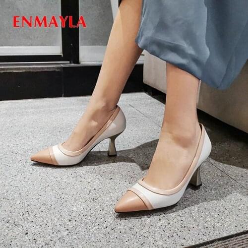 ENMAYLA 2020 Women Shoes High Heel Slip-On Basic Party Pointed Toe Square Heel Shallow PU Fashion Pumps Women Shoes Size 34-43