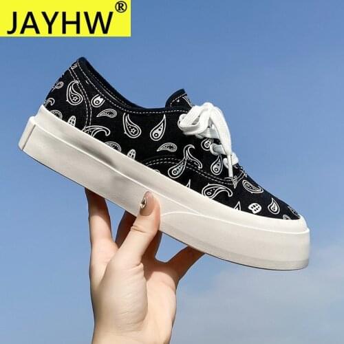 JAYHW Fashion Women Black White Canvas Printing Casual Shoes Lace Up Tenis Feminino Zapatos De Mujer Platform Woman Sneakers